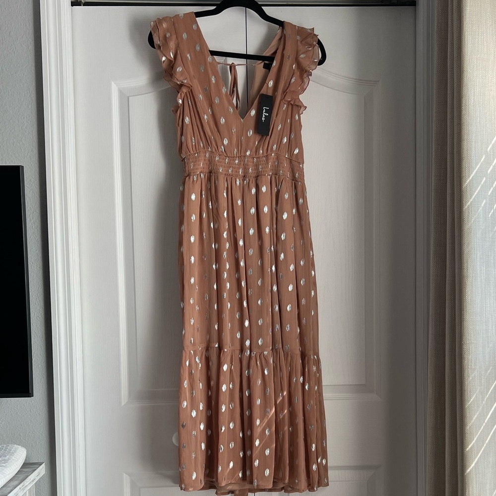 Lulus Cause To Celebrate Mauve And Silver Ruffled Tiered Midi Dress Mauve - Picture 2 of 8